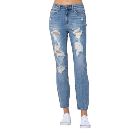 Judy Blue Jeans Women's Sz 27 Blue Boyfriend Fit Distressed Ripped Denim - Picture 1 of 13